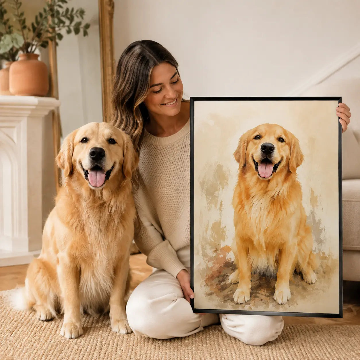 Portrait personnalisé de chien tenu par sa propriétaire